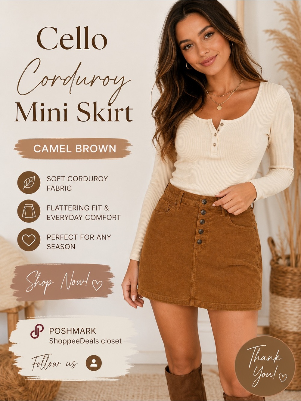 Cello Corduroy Mini Skirt | Size Large | Camel Brown